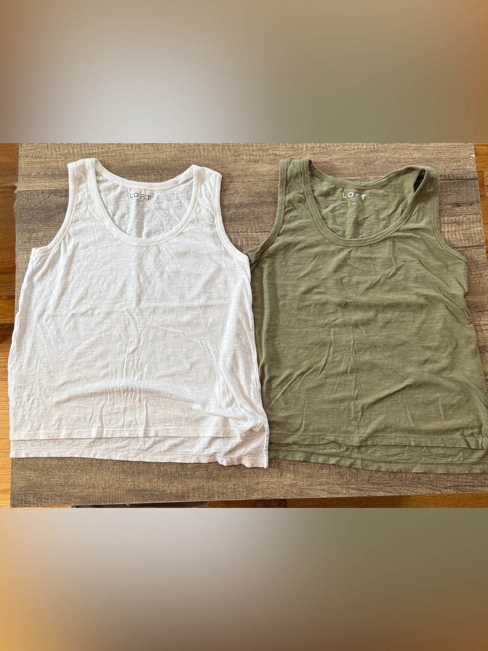Set of 2 LOFT slub knit tank tops, olive green and white. Small. NWOT.